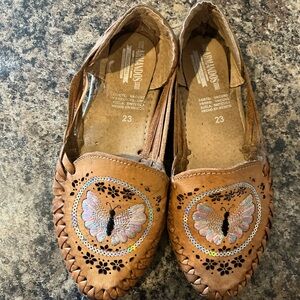 Tan Leather Women's Shoes with Butterfly Design